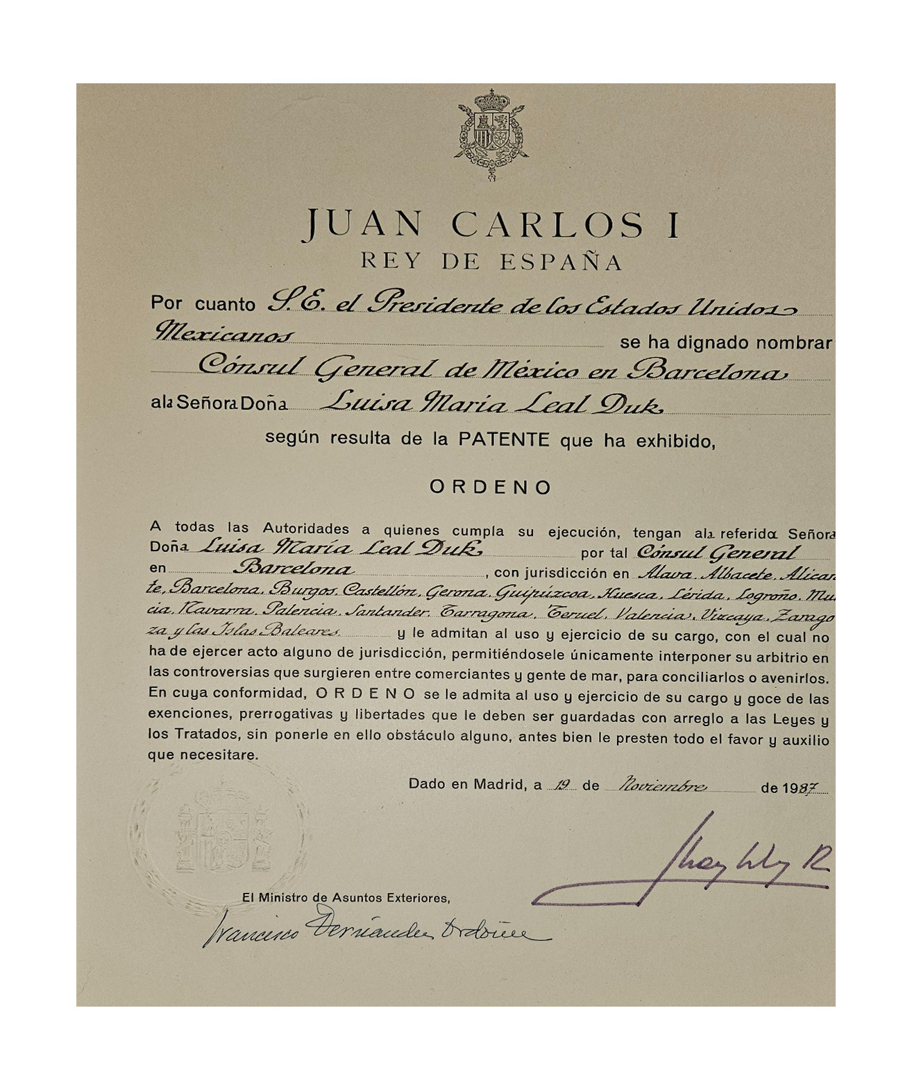 Documento oficial Reino de España – Juan Carlos I